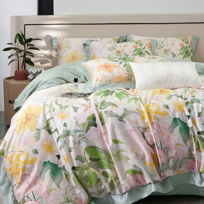 91家纺网 家纺一手货源 找家纺 榻尚家居 2024新款天丝棉数码印花四件套 如画绿