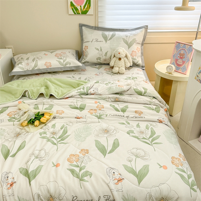 91家纺网 家纺一手货源 找家纺 沐慕 2024新款小清新华夫格印花冰藤夏被四件套 华夫格-森系小兔