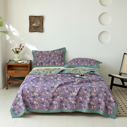 万锦家纺 2024新款彩纱色织A类三层纱多功能盖毯空调被薄毯床盖 莫奈花园-紫绿