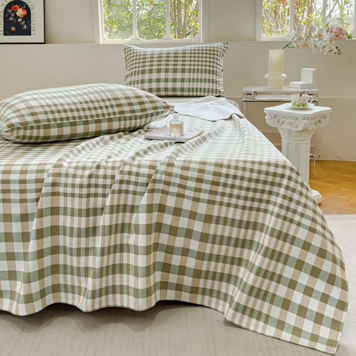 91家纺网 家纺一手货源 找家纺 金丝鸟 2024新款成人款A类全棉老粗布床单 绿小格