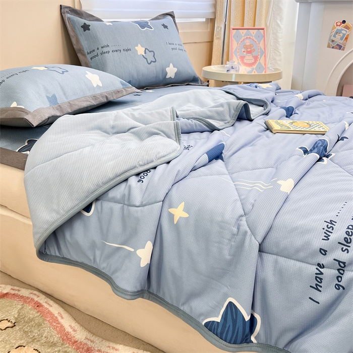 91家纺网 家纺一手货源 找家纺 沐慕 2024新款小清新华夫格印花冰藤夏被四件套 华夫格-星星点点