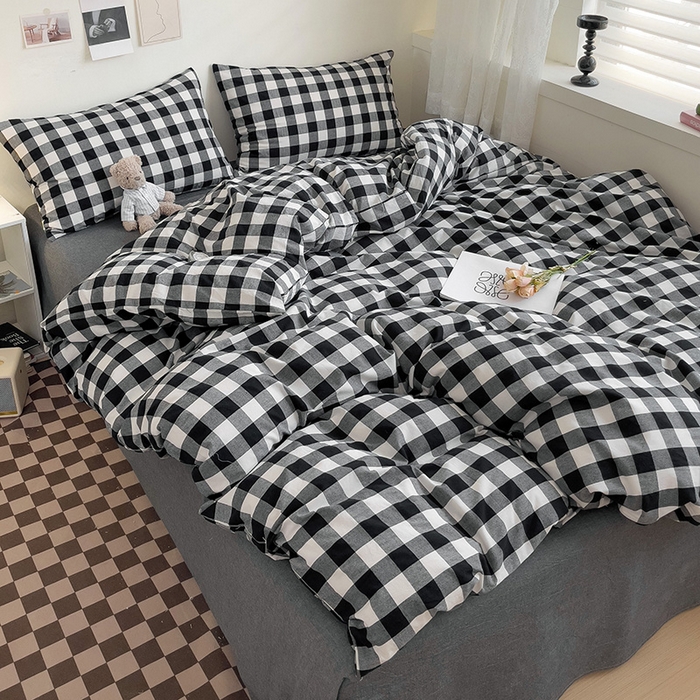 91家纺网 家纺一手货源 找家纺 大柏树 2025新款A类色织全棉水洗棉单品系列-四件套 黑白中格