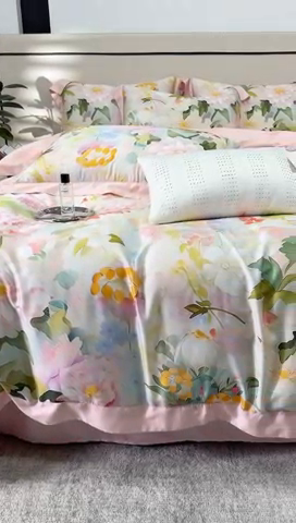 91家纺网 家纺一手货源 找家纺 榻尚家居 2024新款天丝棉数码印花四件套 千黛粉