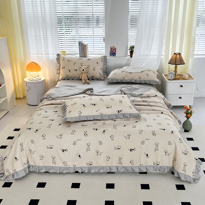 91家纺网 家纺一手货源 找家纺 富之航 2024新款时尚舒适泡泡棉夏被四件套班尼狗