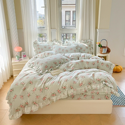 宜凡 2024新款全棉床笠双层花边四件套 朵朵花姿
