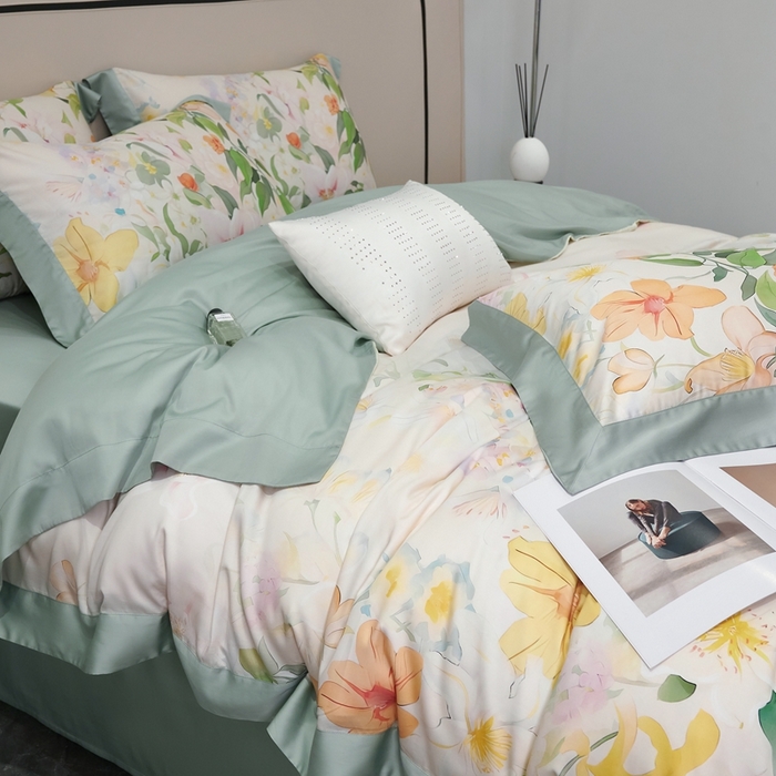 91家纺网 家纺一手货源 找家纺 榻尚家居 2024新款天丝棉数码印花四件套 如画绿