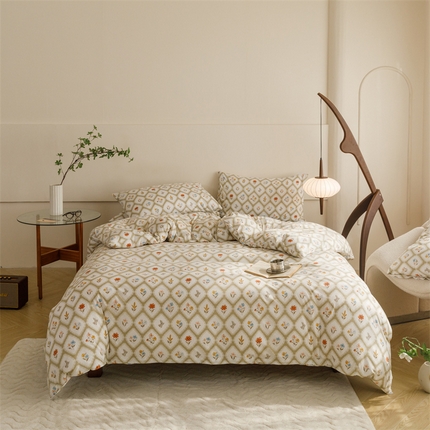 91家纺网 家纺一手货源 找家纺 瑞米家居 2024新款A类全棉针织棉四件套 庭院-棕绿