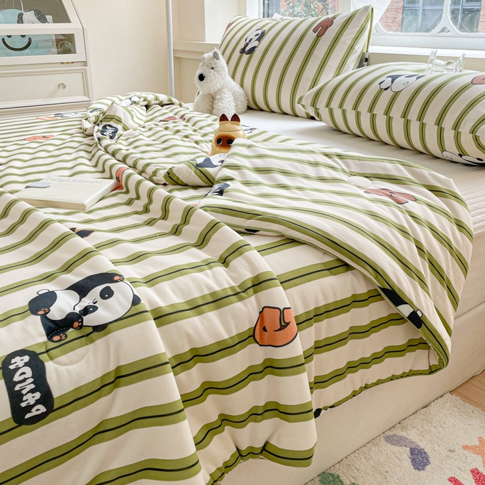 91家纺网 家纺一手货源 找家纺 沐慕 2024新款小清新加厚亲肤针织棉夏被 熊猫派派