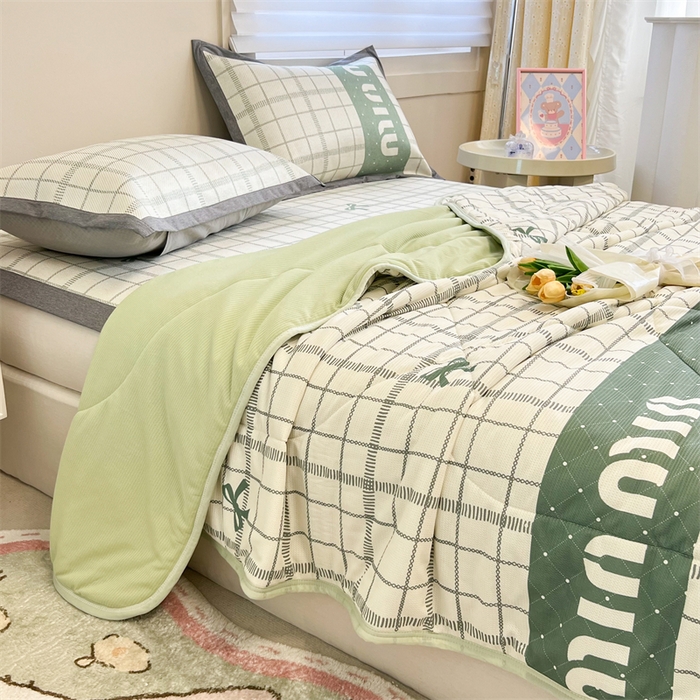 91家纺网 家纺一手货源 找家纺 沐慕 2024新款小清新华夫格印花冰藤夏被四件套 华夫格-蝴蝶结绿