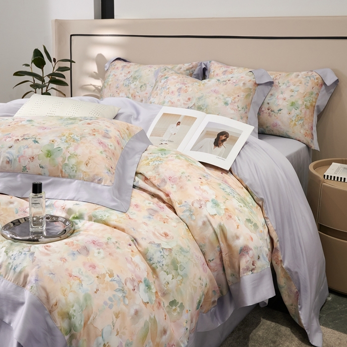 91家纺网 家纺一手货源 找家纺 榻尚家居 2024新款天丝棉数码印花四件套 花意槟