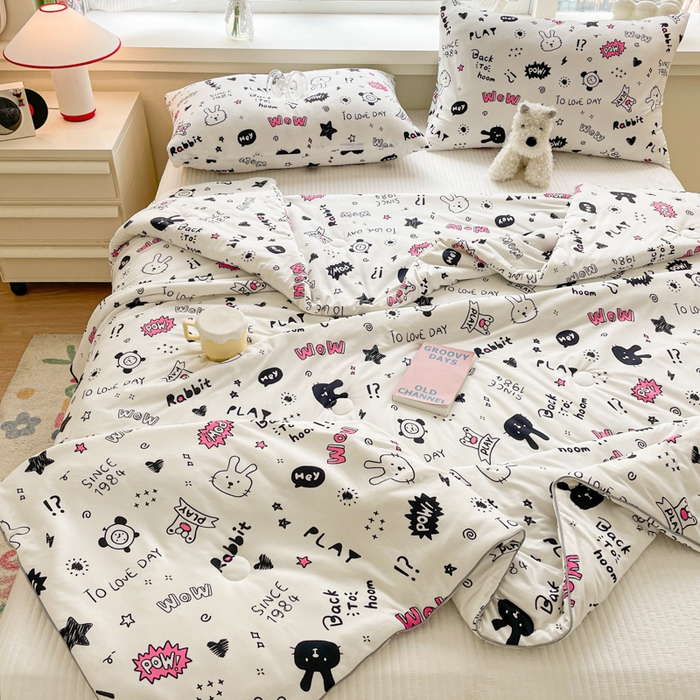 91家纺网 家纺一手货源 找家纺 沐慕 2024新款小清新加厚亲肤针织棉夏被 甜酷派对