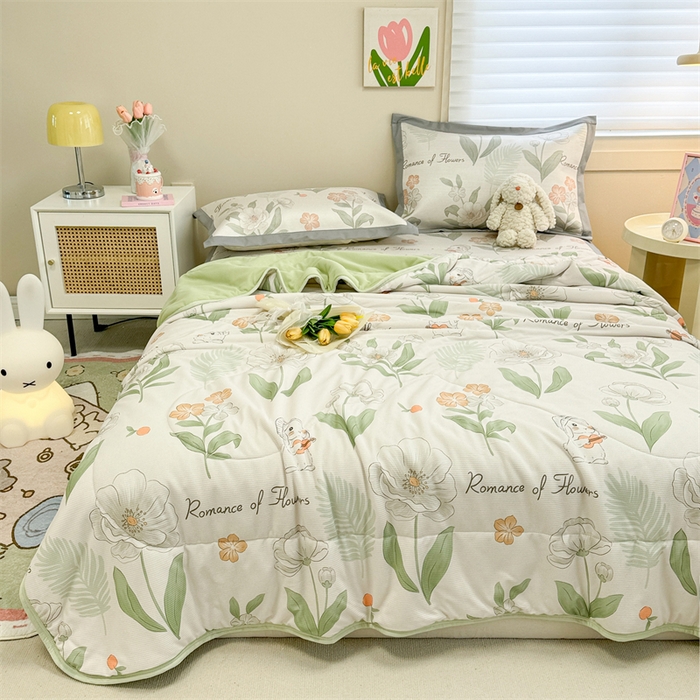 91家纺网 家纺一手货源 找家纺 沐慕 2024新款小清新华夫格印花冰藤夏被四件套 华夫格-森系小兔