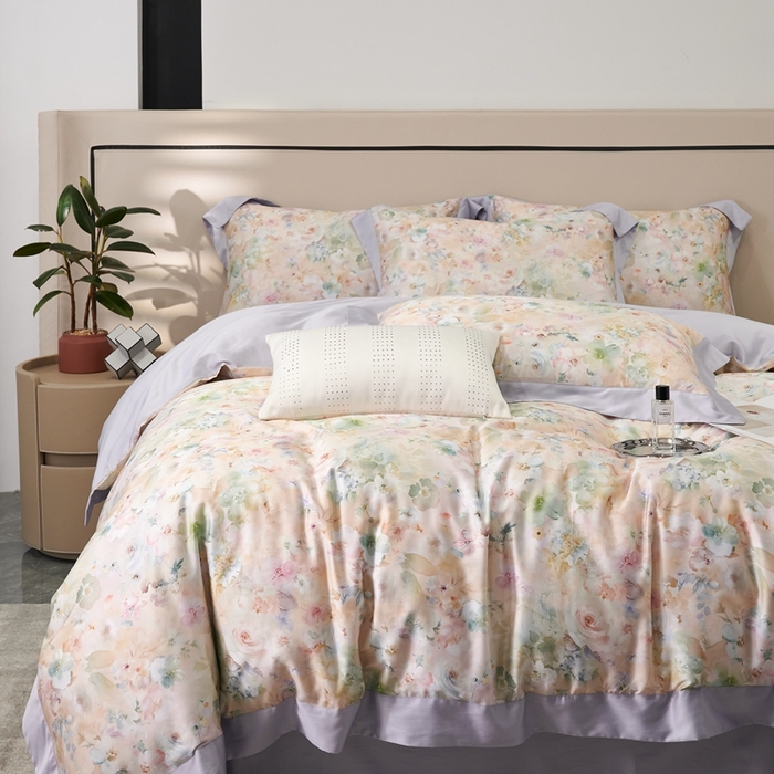 91家纺网 家纺一手货源 找家纺 榻尚家居 2024新款天丝棉数码印花四件套 花意槟