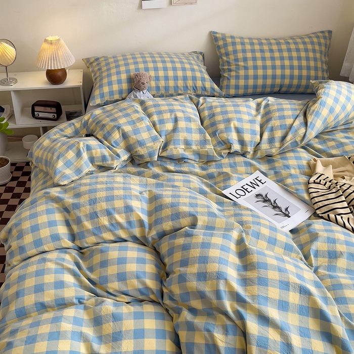 91家纺网 家纺一手货源 找家纺 大柏树 2025新款A类色织全棉水洗棉单品系列-四件套 蓝黄三分格