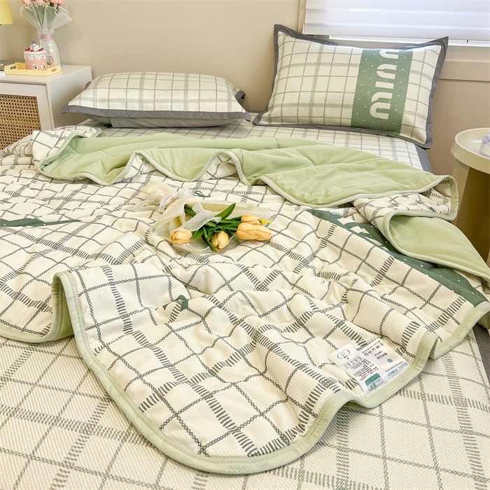 91家纺网 家纺一手货源 找家纺 沐慕 2024新款小清新华夫格印花冰藤夏被四件套 华夫格-蝴蝶结绿
