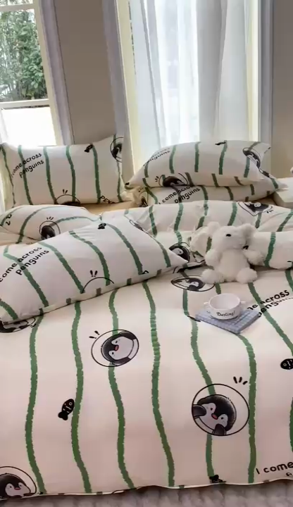 91家纺网 家纺一手货源 找家纺 瑞米家居 2024新款A类全棉针织棉四件套 企鹅-绿