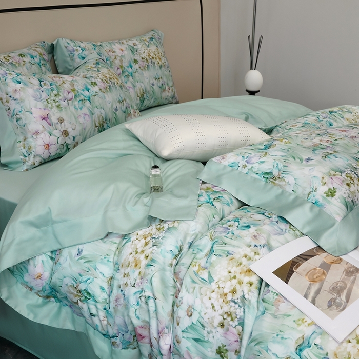 91家纺网 家纺一手货源 找家纺 榻尚家居 2024新款天丝棉数码印花四件套 繁花绿