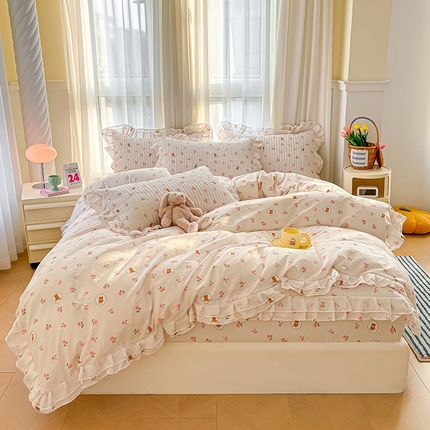 91家纺网 家纺一手货源 找家纺 宜凡 2024新款全棉床笠双层花边四件套 叮咛熊