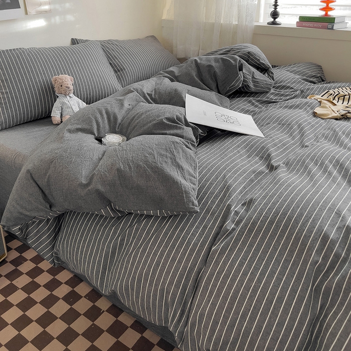 91家纺网 家纺一手货源 找家纺 大柏树 2025新款A类色织全棉水洗棉单品系列-四件套 灰细条