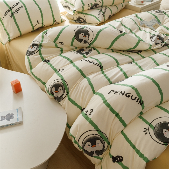 91家纺网 家纺一手货源 找家纺 瑞米家居 2024新款A类全棉针织棉四件套 企鹅-绿