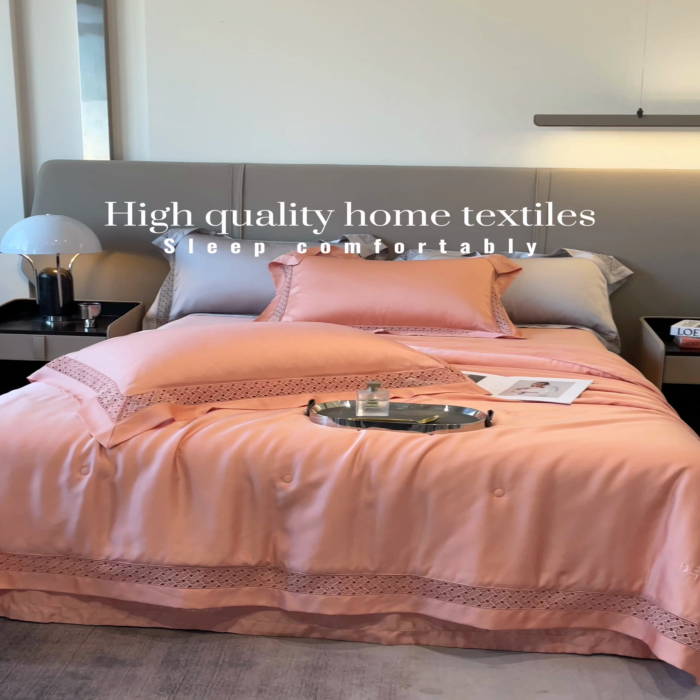 91家纺网 家纺一手货源 找家纺 佳汐蓝家纺 新款60支莱赛尔天丝镂空花边丝悦系列夏被四件套 丝悦-洛可桔