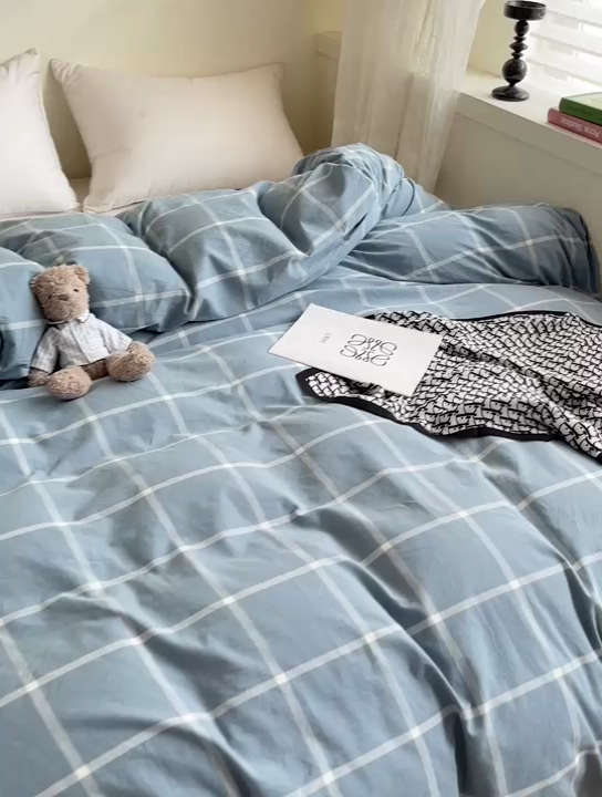 91家纺网 家纺一手货源 找家纺 大柏树 2025新款A类色织全棉水洗棉单品系列-单被套 蓝灰中格
