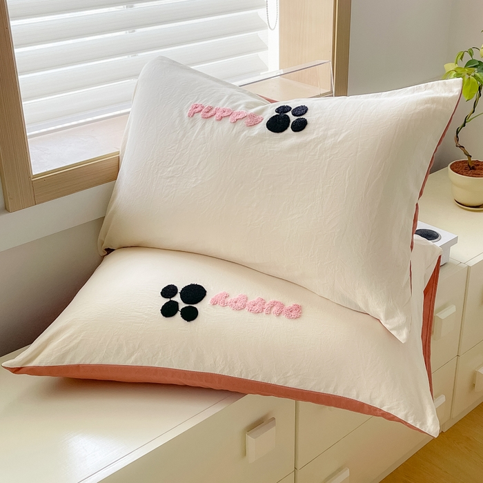 91家纺网 家纺一手货源 找家纺 梵克保罗 2024新款卡通水洗棉毛巾绣四件套 滑板狗-米白配咖