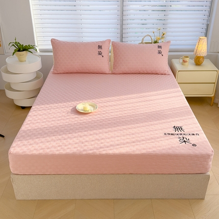 91家纺网 家纺一手货源 找家纺 灰鲸 新款A类提花双层纱无染刺绣床笠 无染-爱丽丝粉