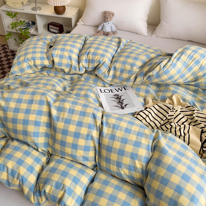 91家纺网 家纺一手货源 找家纺 大柏树 2025新款A类色织全棉水洗棉单品系列-单被套 蓝黄三分格