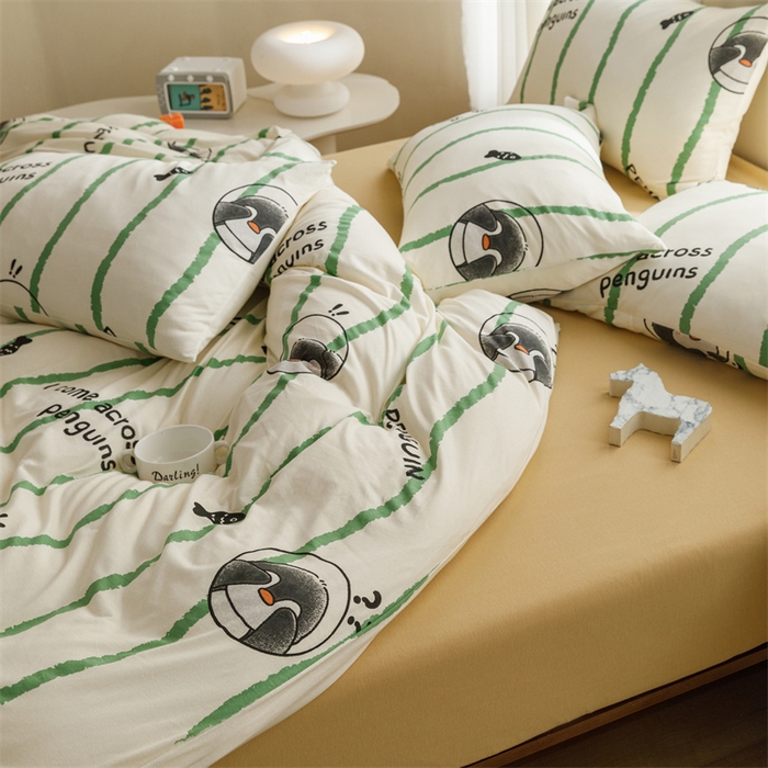 91家纺网 家纺一手货源 找家纺 瑞米家居 2024新款A类全棉针织棉四件套 企鹅-绿