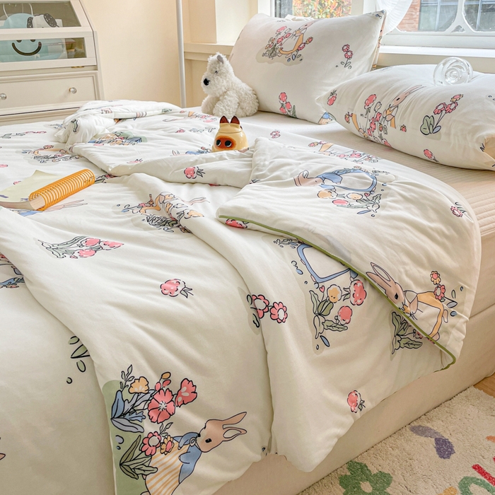 91家纺网 家纺一手货源 找家纺 沐慕 2024新款小清新加厚亲肤针织棉夏被 花丛兔