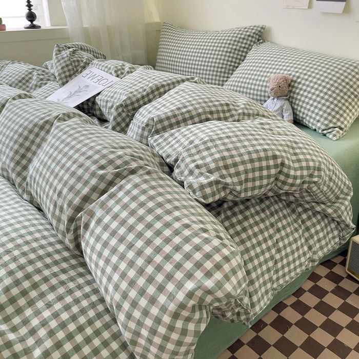 91家纺网 家纺一手货源 找家纺 大柏树 2025新款A类色织全棉水洗棉单品系列-四件套 绿小格