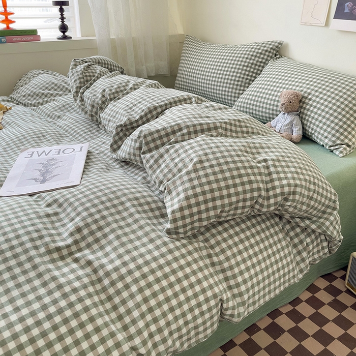 91家纺网 家纺一手货源 找家纺 大柏树 2025新款A类色织全棉水洗棉单品系列-四件套 绿小格