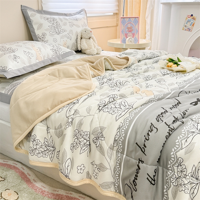 91家纺网 家纺一手货源 找家纺 沐慕 2024新款小清新华夫格印花冰藤夏被四件套 华夫格-秘境花园