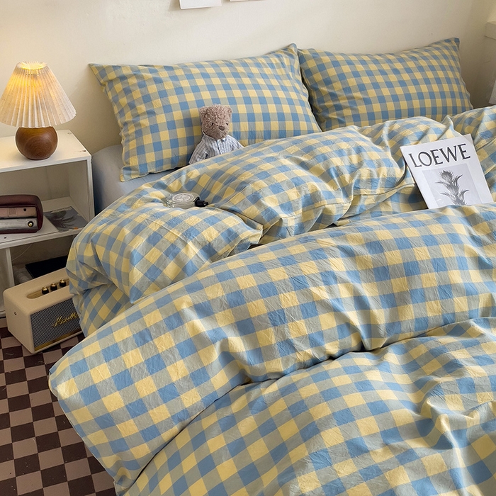 91家纺网 家纺一手货源 找家纺 大柏树 2025新款A类色织全棉水洗棉单品系列-四件套 蓝黄三分格