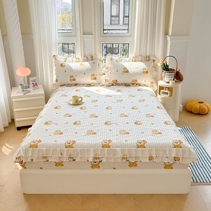 91家纺网 家纺一手货源 找家纺 宜凡 2024新款全棉床笠双层花边三件套 果果龙