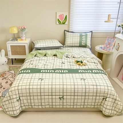 沐慕 2024新款小清新华夫格印花冰藤夏被四件套 华夫格-蝴蝶结绿