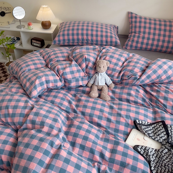 91家纺网 家纺一手货源 找家纺 大柏树 2025新款A类色织全棉水洗棉单品系列-四件套 粉灰小格