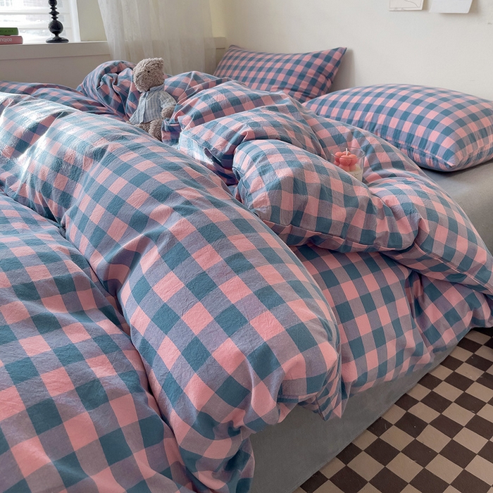 91家纺网 家纺一手货源 找家纺 大柏树 2025新款A类色织全棉水洗棉单品系列-四件套 粉灰小格