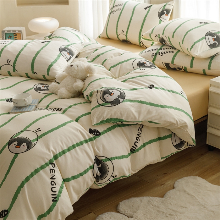 91家纺网 家纺一手货源 找家纺 瑞米家居 2024新款A类全棉针织棉四件套 企鹅-绿