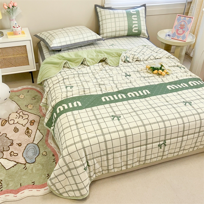 91家纺网 家纺一手货源 找家纺 沐慕 2024新款小清新华夫格印花冰藤夏被四件套 华夫格-蝴蝶结绿