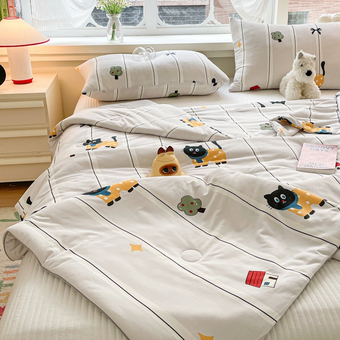 91家纺网 家纺一手货源 找家纺 沐慕 2024新款小清新加厚亲肤针织棉夏被 喵喵屋