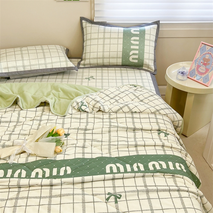 91家纺网 家纺一手货源 找家纺 沐慕 2024新款小清新华夫格印花冰藤夏被四件套 华夫格-蝴蝶结绿
