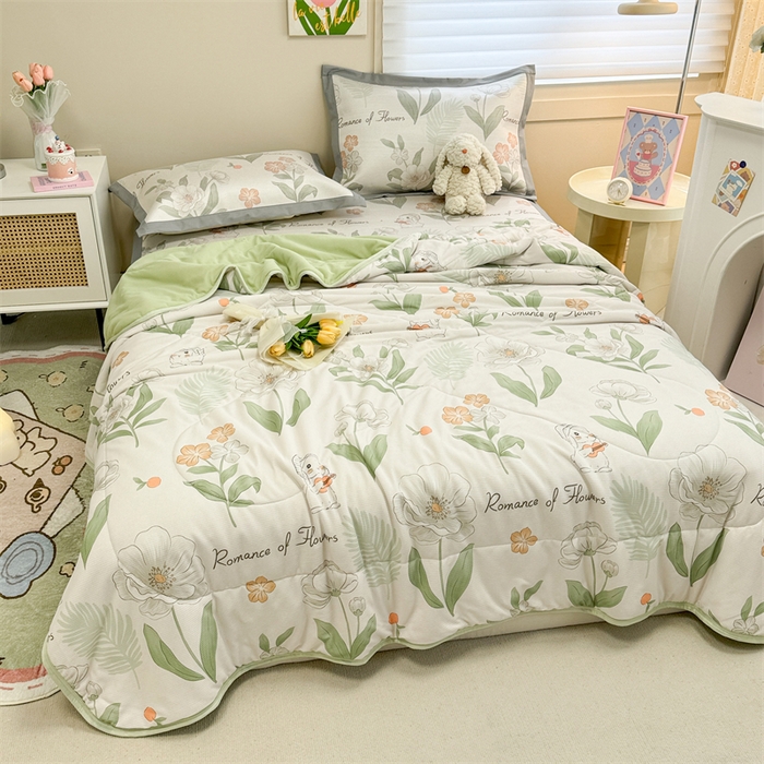 91家纺网 家纺一手货源 找家纺 沐慕 2024新款小清新华夫格印花冰藤夏被四件套 华夫格-森系小兔