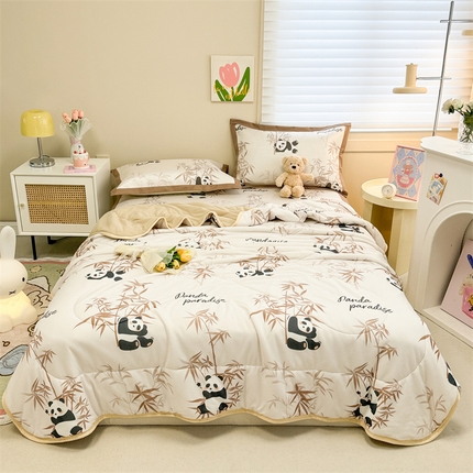 沐慕 2024新款小清新华夫格印花冰藤夏被四件套 华夫格-竹子熊猫棕