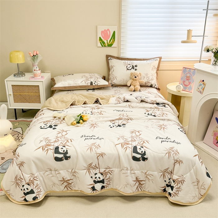 91家纺网 家纺一手货源 找家纺 沐慕 2024新款小清新华夫格印花冰藤夏被四件套 华夫格-竹子熊猫棕