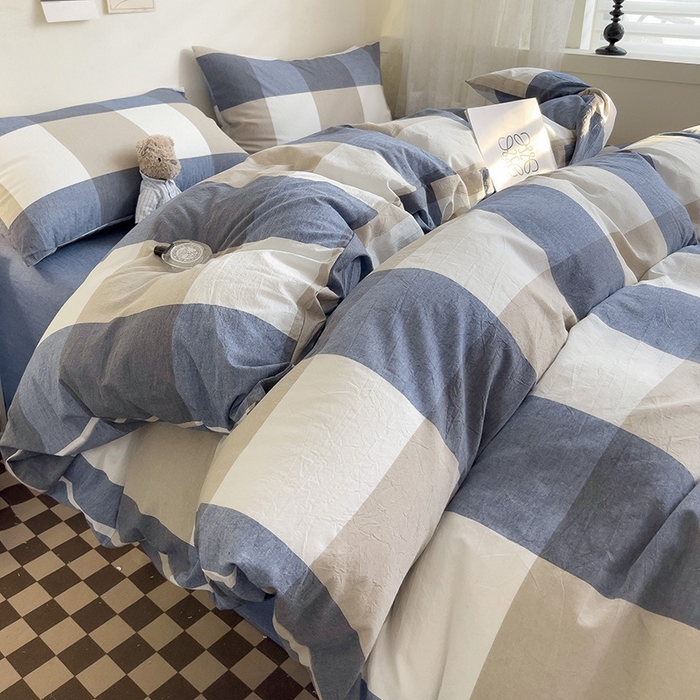 91家纺网 家纺一手货源 找家纺 大柏树 2025新款A类色织全棉水洗棉单品系列-四件套 蓝大格