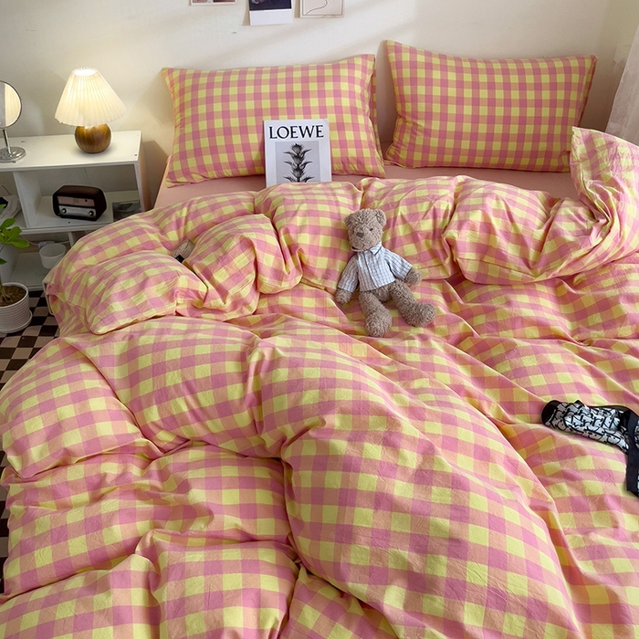 91家纺网 家纺一手货源 找家纺 大柏树 2025新款A类色织全棉水洗棉单品系列-四件套 黄粉三分格