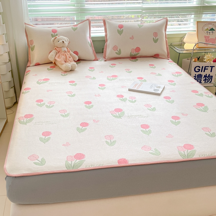 91家纺网 家纺一手货源 找家纺 沐慕 2024新款小清新印花冰藤床笠系列 床笠-粉嫩郁金香