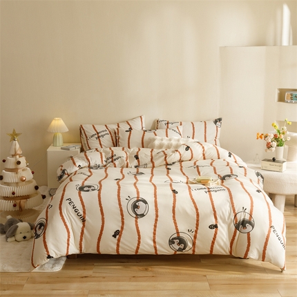 91家纺网 家纺一手货源 找家纺 瑞米家居 2024新款A类全棉针织棉四件套 企鹅-棕